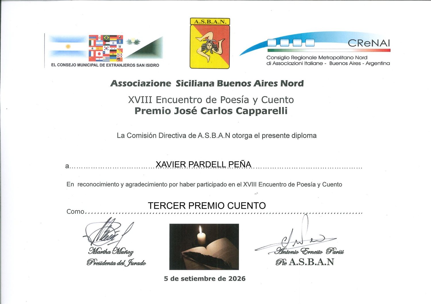 Diploma o acta: Premio José Carlos Capparelli